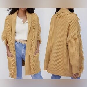 Anthropologie Fringed Cardigan Fringed Pockets Mustard Oversized Boho XS/S